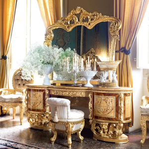 Coiffeuse Classique de Luxe en Acajou Massif avec Panneau en Marqueterie et Miroir Sculpté Doré – Design Élégant pour Chambre à Coucher - Product Image 1