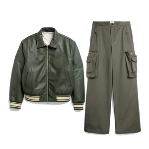 Custom <b>Wool</b> Eco-Friendly Embroidery Varsity Bomber Jacket Wide Leg Cargo <b>Pants</b> Streetwear Utility Fashion Set OEM ODM - Product Image 1