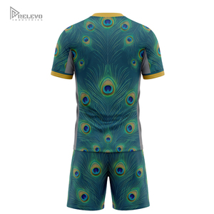 Uniforme de Fútbol Personalizado por Sublimación para Equipo Cyber, Diseño de Cola de Pavo Real, Conjunto de Camiseta y Pantalones Cortos para Hombre, Color Verde Azulado y Dorado, Ropa Deportiva de Secado Rápido - Product Image 2