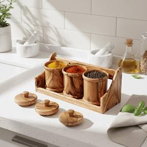 Juego completo de tarros de especias de madera de olivo con estante, contenedor de almacenamiento de condimentos artesanal para cocina, recipiente decorativo para azúcar, sal y pimienta. - Product Image 1