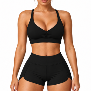 Custom LOGO Women Gym Active Wear 78% Nylon 22%Spandex Fitness Yoga Cross Back Bra and <b>Shorts</b> Running Workout 2 Piece Set - Product Image 1