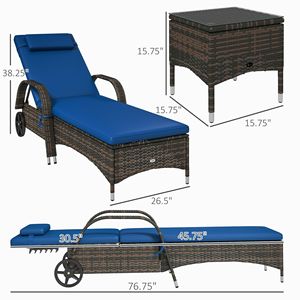 Set di 2 Chaise Longue da Esterno in Vimini con Tavolino, Cuscini Blu, Poggiatesta, Telaio in Alluminio, Schienale Regolabile, Ruote, Materiale PE - Product Image 3