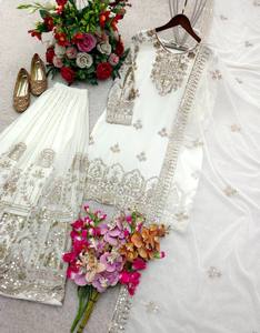 White Embroidered Silk Sharara <b>Suit</b> With Dupatta Floor-Length Traditional <b>Wedding</b> Outfit <b>Women's</b> Loose Fit <b>Dress</b> - Product Image 4