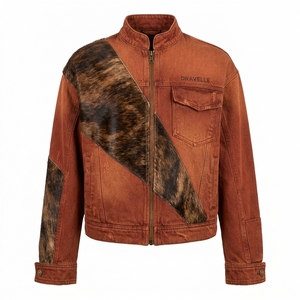 Veste en toile délavée marron rouille personnalisée avec patchwork en fourrure pour homme, col montant, effet vieilli, fournisseur OEM - Product Image 1