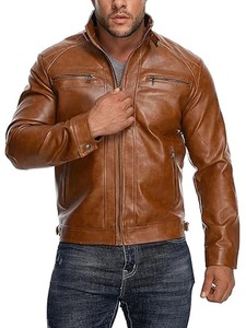 <b>Mens</b> Stand Collar Motorcycle Brown <b>Jacket</b> - Product Image 1