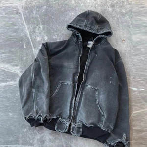 Custom High Quality Acid Washed Vintage Faded Distressed Sweatshirt 550gsm Hoodie Hooded Zip up Denim Puff Sleeve <b>Jacket</b> Hoodie - Product Image 5