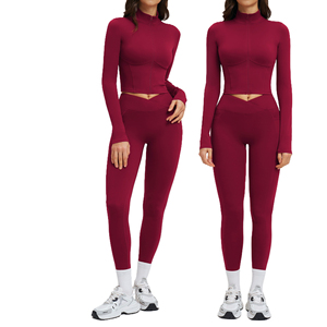 <b>Women</b> 2 Piece Yoga Set Long Sleeve Crop <b>Top</b> High Waist Leggings Solid Black Seamless Zipper Front Activewear Workout Wear - Product Image 2
