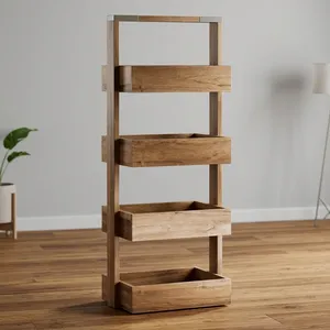 Étagère de rangement 4 niveaux en bois de manguier massif, support autoportant minimaliste, organisateur gain de place pour salle de bain, porte-serviettes en bois - Product Image 5