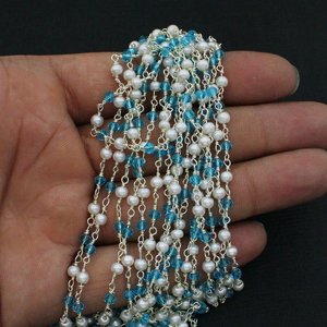 Chaîne de chapelet en topaze bleue nacrée, fil plaqué argent, chaîne perlée pour la fabrication de bijoux, collier, bracelet - Product Image 1
