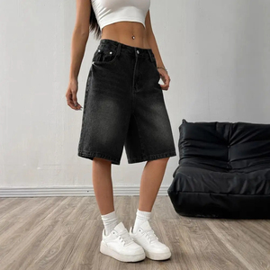 Shorts en jean d'été pour femme, taille mi-haute, longueur genou, coupe droite, jorts amples, jambe large, en coton respirant, style sportif, poches personnalisables - Product Image 2