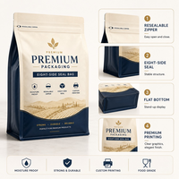 Sachet de café à fond plat de 500g imprimé sur mesure avec valve de dégazage, languette de tirage, fermeture éclair et doublure en aluminium, scellé sur huit côtés