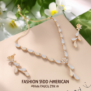 Floral American Diamond Studded Alloy Gold Plated Zircon Jewelry Set with Necklace & Bracelet for Wedding/Party - Product Image 2