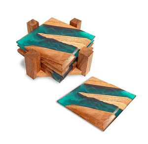 Sous-verres en bois et résine de qualité supérieure, bleu foncé et blanc, 4 pièces - Product Image 6