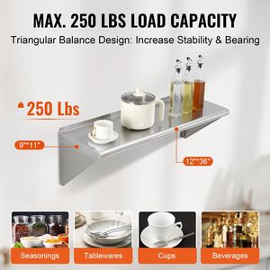 Supporti per Mensole Galleggianti in Acciaio Inox con Capacità di Carico di 250 Libbre, 12" X 36", Montaggio a Parete per Mensole Commerciali - Product Image 3