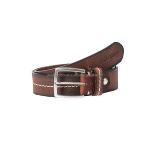 Ceinture décontractée pour homme en cuir texturé marron d'excellente qualité avec coutures contrastées au centre et boucle en métal argenté antique - Product Image 4