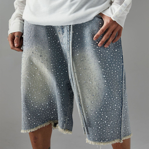 Nouveaux shorts en jean streetwear pour hommes, grande taille, longueur longue, avec design tricoté extensible ample, fins et légers pour l'été - Product Image 1