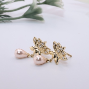 Yellow Gold Lotus Flower Lab Grown <b>Diamond</b> Stud <b>Earrings</b> with <b>Pearl</b> Drop Minimalist Design for Wedding Engagement Gift Women - Product Image 4