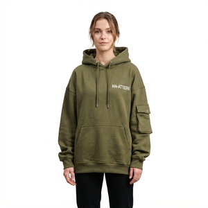 <b>Women's</b> Olive <b>Green</b> Oversized Hoodie <b>Fleece</b> Sweatshirt Cargo Sleeve Pocket Custom Logo Streetwear - Product Image 1