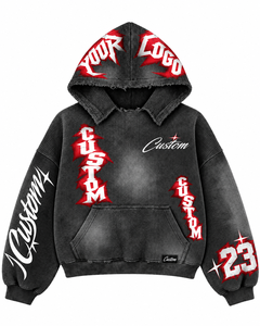 Sweat à capuche d'hiver personnalisé imprimé, style streetwear oversize, en molleton bouclette, unisexe, noir, rouge, blanc, avec logo, design 23 poches, sublimation 100% - Product Image 1