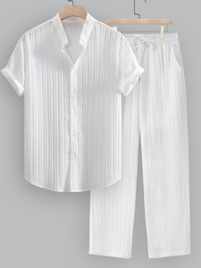 Men's Striped Satin Short Sleeve Shirt and <b>Pants</b> Set Turn-<b>down</b> Collar Breathable Summer Casual Wear - Product Image 2