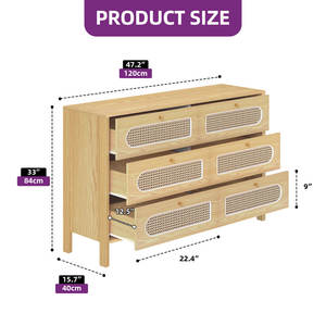 Commode double en bois de rotin de 47.2 pouces avec 6 tiroirs pour chambre ou salon - Product Image 4