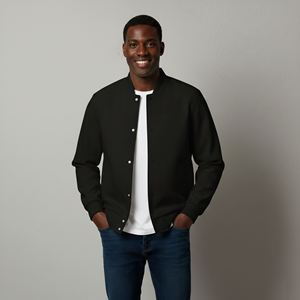 Nueva Chaqueta Bomber Negra para Hombre con Logotipo Bordado en la Parte Delantera, Cuello Camisero, Corte Regular, Estilo Casual para Otoño, en Poliéster - Product Image 6