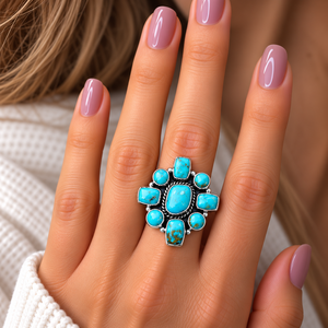 Anillo de Turquesa Kingman con Piedras Cuadradas, Rectangulares y Redondas, Estilo Bohemio, Hecho a Mano, Joyería con Piedras Preciosas, Ajustable - Product Image 3