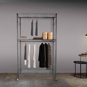 Appendiabiti a 3 ripiani in filo metallico resistente con ruote, ganci laterali e doppia asta, mobiletto portabiti su ruote per vestiti e indumenti - Product Image 2
