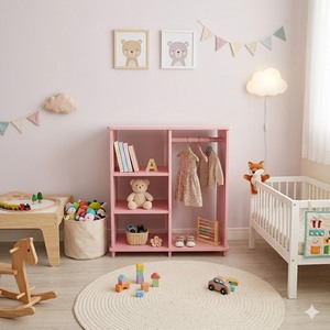 Pink Wooden Kids Cabinet 3-Tier Multifunction <b>Storage</b> Unit for Babies and Toddlers Modern Design - Product Image 3