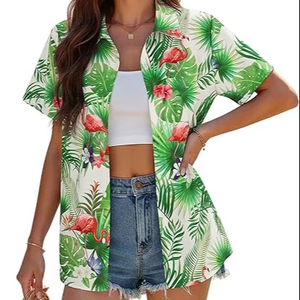 Women Tropical Print Shirt Hawaiian Style Button Down Summer Beach Top Batwing Sleeve Blouse - Product Image 3