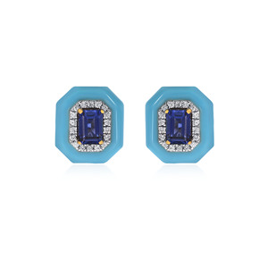 14K Yellow Gold Emerald Cut <b>Blue</b> Sapphire Halo <b>Stud</b> <b>Earrings</b> Lab Grown Diamond Octagon Shape Luxury Jewelry for Women - Product Image 1
