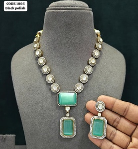 Luxury Aqua Green Pendant Necklace Set <b>Black</b> <b>Polish</b> Gold Plated Brass Designer Party Wear Wedding Jewelry for Women Set - Product Image 3
