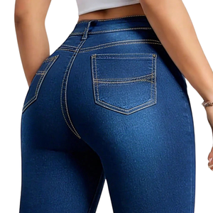 Womens Dark Blue Washed <b>Denim</b> Capri Pants High Waist Skinny <b>Stretch</b> Breathable Casual Cropped Button Hem Fit Daily Wear Style - Product Image 4