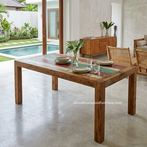 Handcrafted <b>Rustic</b> Solid <b>Wood</b> Teak Square 4 Seater Knockdown Reclaimed Boat <b>Wood</b> <b>Dining</b> <b>Table</b> Indoor Outdoor Home Villa Resort - Product Image 5