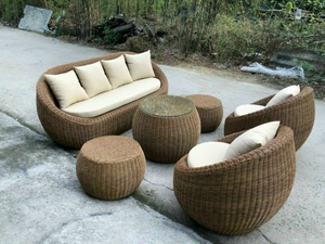 Rattan <b>Garden</b> <b>Sofa</b> Set Outdoor Wicker Furniture Coastal Style Waterproof Cushion Modern Round Coffee Table Included - Product Image 1