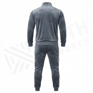 <b>Men's</b> Dark Gray <b>Velour</b> <b>Tracksuit</b> Full Zip Stand Collar Solid Color Casual Sportswear With Side Pockets Autumn Wear - Product Image 2