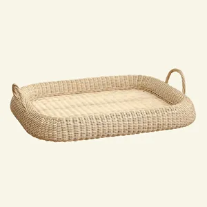 Artisanal Rounded Edge Woven Rectangular Rattan Tray Handmade Storage Basket Featuring Thick <b>Border</b> For Coffee Table <b>Display</b> - Product Image 2