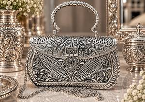Handmade Vintage <b>Silver</b> Plated Metal Clutch <b>Bag</b>, Ornate Floral & Fluted Carved Ethnic <b>Evening</b> Handbag for Women - Product Image 2
