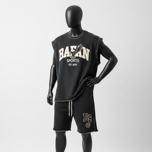 Conjunto de Pantalones Cortos sin Mangas de Felpa de Algodón Premium 100% para Hombre, Color Carbón, Bajo sin Rematar, Ropa Deportiva, Logotipo Personalizado con Impresión Puff - Product Image 1