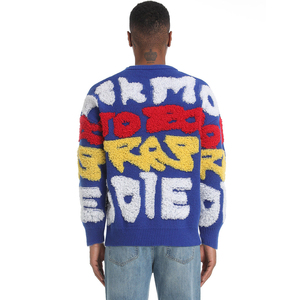 Pull en maille bleu pour homme, col rond, motif lettres floquées, manches longues, épais, pour l'hiver, style décontracté, vente en gros - Product Image 6
