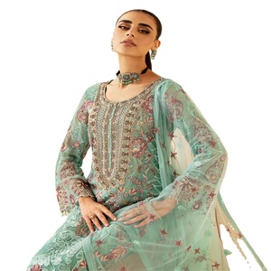 Hecho a mano bordado de lujo 3 piezas Salwar Kameez en gasa ropa de fiesta para mujer por Ramsha volumen Dastoor venta completa - Product Image 1