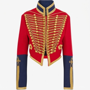 Chaqueta de Húsar Roja Dorada Trenzada para Mujer con Ribete Azul Marino, Abrigo Corto Ceremonial con Banda, Disfraz Estilo Napoleónico - Product Image 1