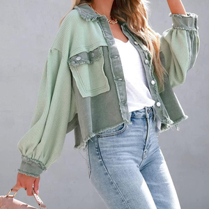 Green <b>Denim</b> <b>Jacket</b> Women Turn-Down Collar Regular Sleeve <b>Cropped</b> Utility Style Eco-Friendly Garment Dyed Fabric Spring Casual - Product Image 4