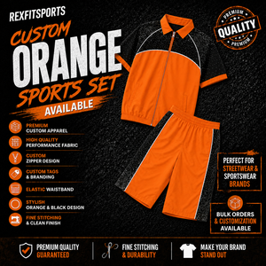REXFIT SPORTS 2026 – Ensemble de survêtement homme orange et noir, veste à manches courtes et short, personnalisable, deux pièces, sportswear streetwear – Vente en gros - Product Image 1