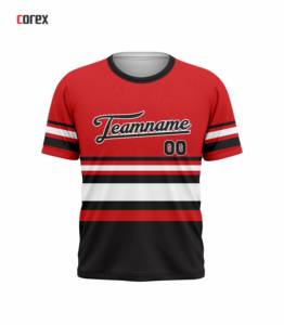 T-shirt à manches courtes rayé rouge et noir Corex avec impression du nom de l'équipe, col rond, coupe régulière, style sportif - Product Image 1