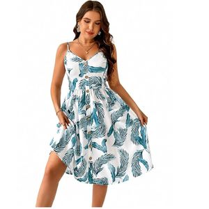 Vestido midi con estampado tropical, tirantes finos, corte en A, holgado, informal, de verano, tejido, con botones al frente, diseño de hojas blancas y azules. - Product Image 1