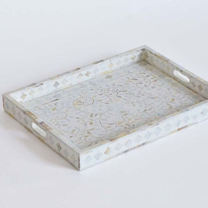 Plateau de service rectangulaire en nacre avec incrustations florales, avec poignées, pour table basse, ottoman, salon - Product Image 1