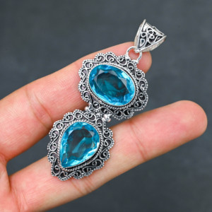 High Quality Sparkling LAB-CREATED Blue Topaz Solid Sterling <b>Silver</b> Rhodium Plated Bohemian Style Wedding Pendant Women's - Product Image 4