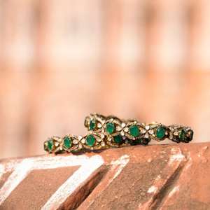 Handmade Traditional Green Gemstone Gajaah 925 Sterling Silver Classic Emerald & Polki Diamond <b>Bangle</b> <b>Set</b> For Gift - Product Image 3