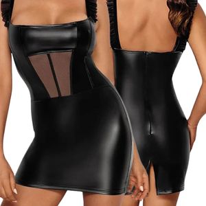 Mini-robe noire en PU pour femme, sans manches, moulante, col carré, dos nu, avec volants et découpes en résille, pour soirée et club - Product Image 4